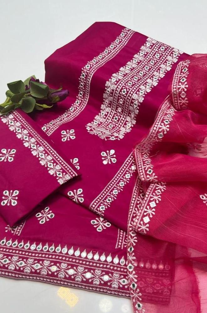3 Pcs Women's Unstitched Cotton Embroidered Suit
