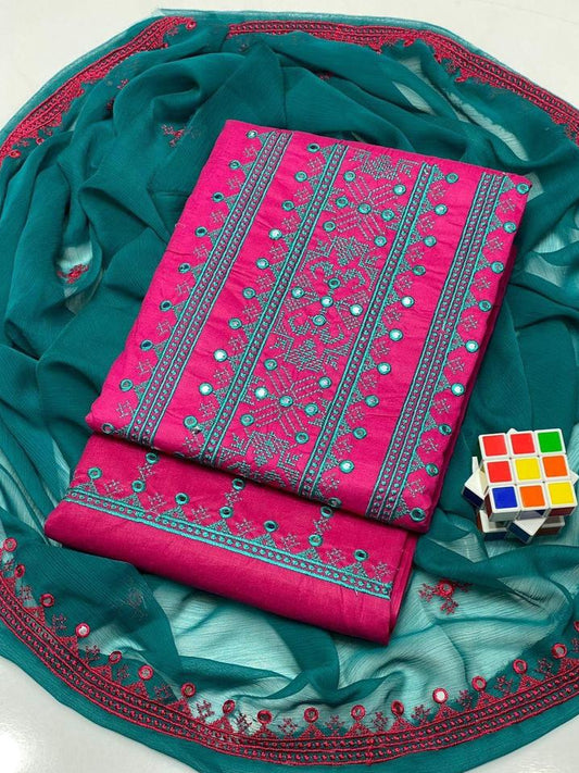 3 Pcs Women's Unstitched Cotton Embroidered Suit