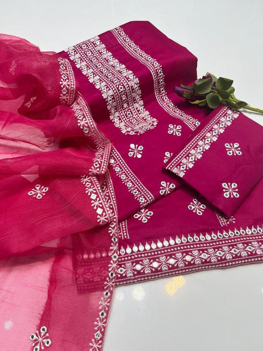 3 Pcs Women's Unstitched Cotton Embroidered Suit