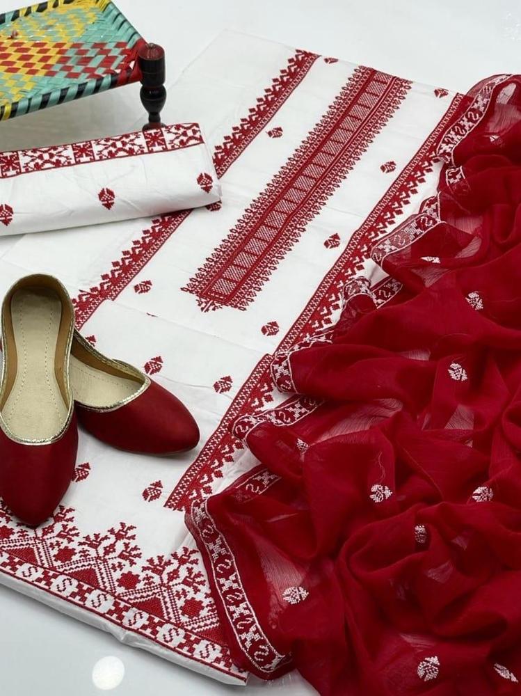 3 Pcs Women's Unstitched Cotton Embroidered Suit