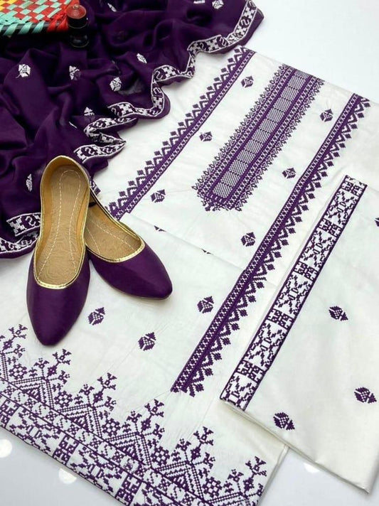 3 Pcs Women's Unstitched Cotton Embroidered Suit