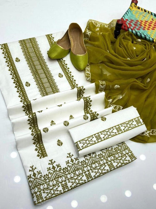 3 Pcs Women's Unstitched Cotton Embroidered Suit