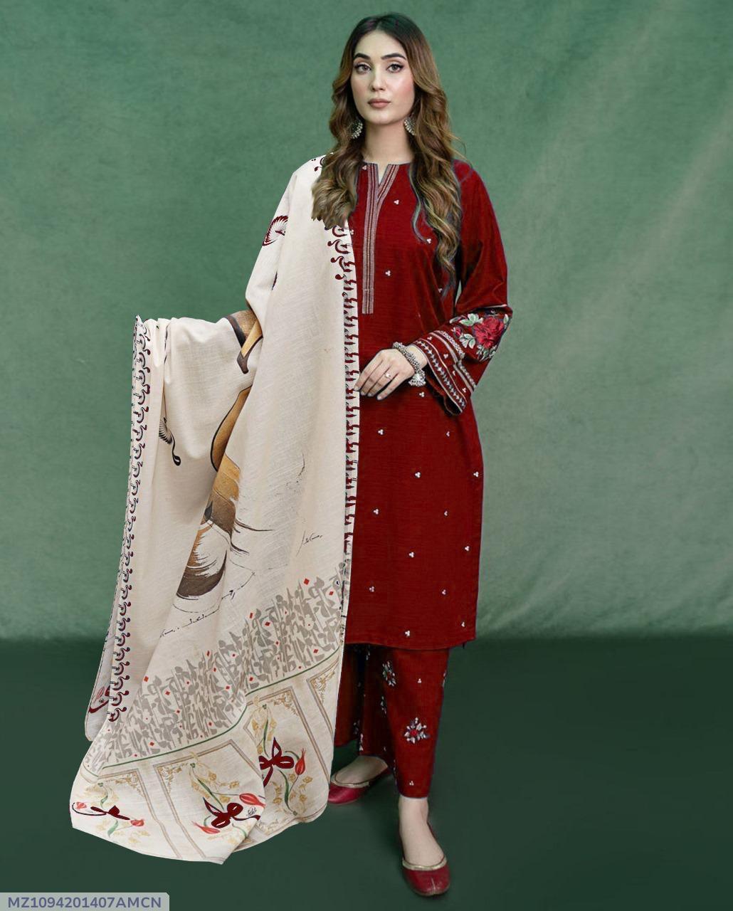 3 Pcs Women's Unstitched Embroidered Suit