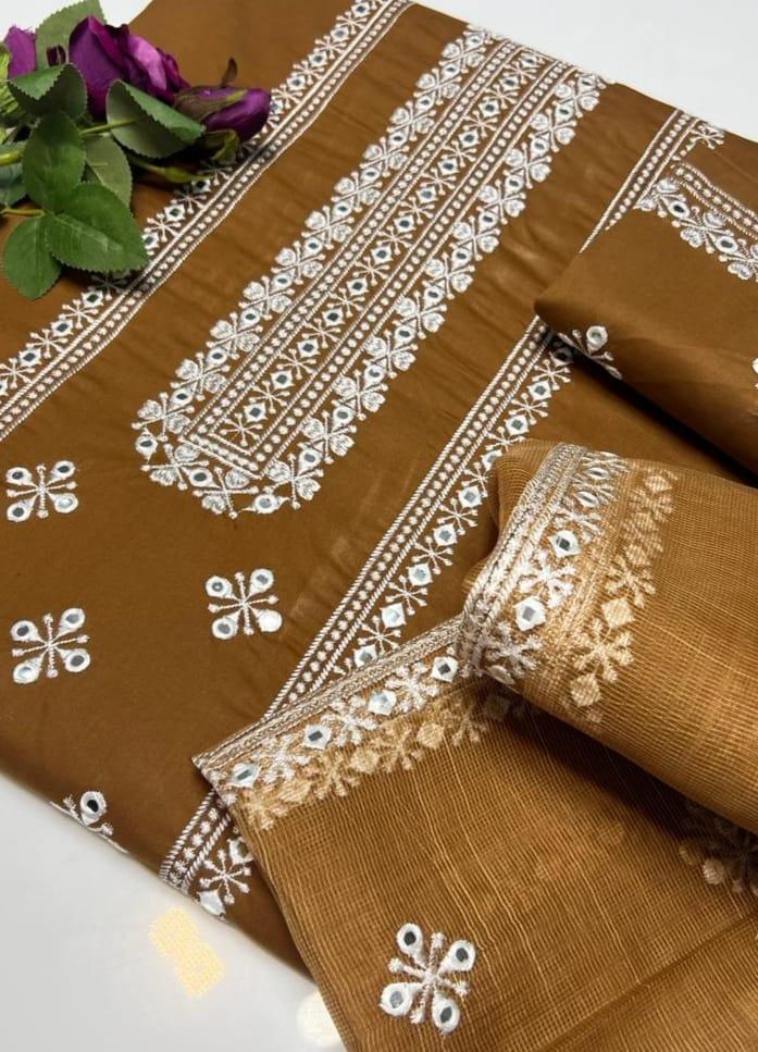 3 Pcs Women's Unstitched Cotton Embroidered Suit